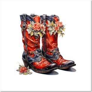 Watercolor Western Christmas Boots Posters and Art